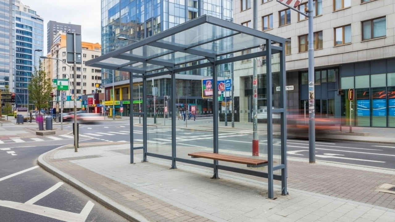 Autobusová zastávka typ TECHNIK s plochou střechou zadní stěnou ze skla  a lavičkou ze dřeva v  prostředí města